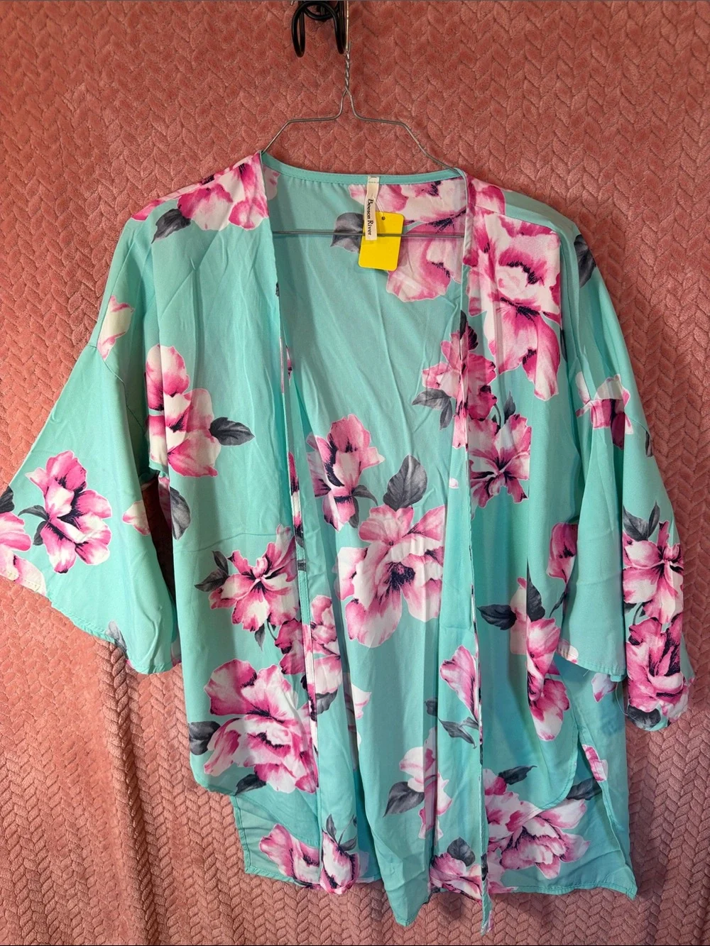 Beeson River Mint Floral Open-Front Kimono with Pink Blooms